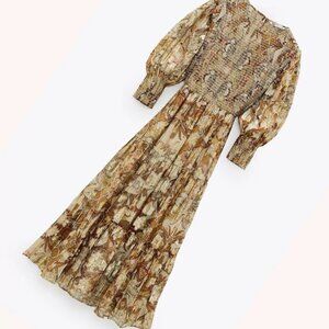 Zara Floral Maxi Dress - Brown Gold and Cream